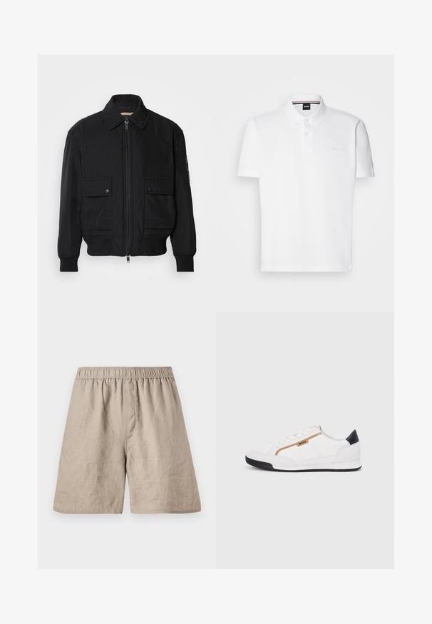 Fekete bomberdzseki sima, könnyű anyagból. Cipzáras elülső részével, két gombos mellzsebével és bordás mandzsettáival rendelkezik.; Fehér pólóing, pamut-poliészter keverékből készült, gallérral, két gombos záródással és diszkrét hímzett logóval a mellkasán.; Világos bézs színű len rövidnadrág elasztikus derékkal és lazán illeszkedő fazonnal, enyhe textúrájú felülettel.; Fehér sportcipők, hálós és bőr díszítésekkel. Kiemelkedő arany "BOSS" logó, textúrázott oldalpanelekkel és fekete sarokkal. Gumi talp.