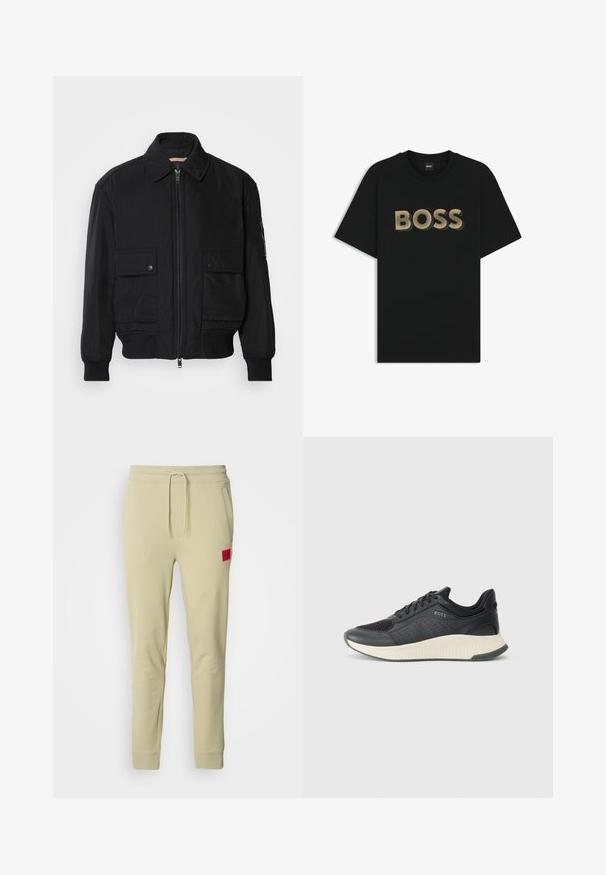 Black bomber jacket made of smooth, lightweight fabric. Features a zip front, two buttoned chest pockets, and ribbed cuffs.; Black cotton t-shirt featuring bold, textured gold "BOSS" logo on the front. Short sleeves and a round neckline with a standard fit.; Light beige sweatpants made from soft fabric, featuring a drawstring waistband, side pockets, and a red logo patch on the right thigh.; Black athletic sneaker featuring a mesh upper with perforations, a textured midsole in cream, and a rubber outsole for traction.