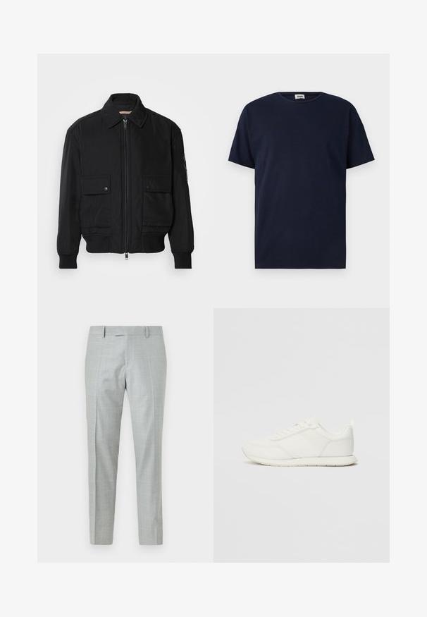 Black bomber jacket made of smooth, lightweight fabric. Features a zip front, two buttoned chest pockets, and ribbed cuffs.; Navy blue short-sleeve t-shirt made from cotton, featuring a round neckline and a relaxed fit with no visible patterns or accents.; Light grey tailored trousers made of fabric with a smooth texture. Features a subtle checked pattern, flat front, and straight legs.; White sneaker with a mesh and synthetic upper, round toe, flat laces, and a textured side stripe. Rubber sole with a pull tab at the back.