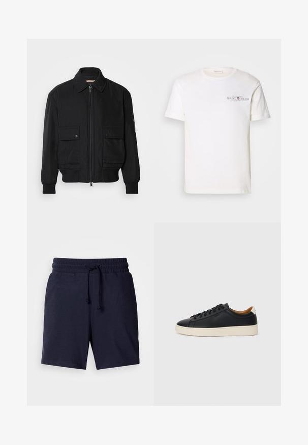 Chaqueta bomber negra de tejido suave y ligero. Cuenta con cierre de cremallera en la parte delantera, dos bolsillos en el pecho con botón y puños acanalados.; Camiseta de algodón blanca con cuello redondo, mangas cortas y un logo impreso. Presenta un diseño minimalista y un corte relajado.; Pantalones cortos azul marino con un corte relajado, cintura elástica y cordón ajustable. Tejido ligero con una textura suave.; Zapatillas negras de cuero con una textura suave, suela de goma beige, diseño de cordones y un acento en el talón de color contrastante.