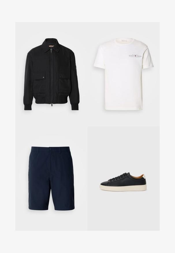 Fekete bomberdzseki sima, könnyű anyagból. Cipzáras elülső részével, két gombos mellzsebével és bordás mandzsettáival rendelkezik.; Fehér pamut póló kerek nyakkal, rövid ujjakkal és nyomtatott logóval. Minimalista dizájnnal és laza szabással rendelkezik.; Sötétkék, könnyű anyagból készült rövidnadrág, klasszikus szabással, hátsó zsebekkel és elöl gombos záródással, cipzárral.; Fekete bőr sportcipők sima felülettel, bézs gumitalppal, fűzős dizájnnal és kontrasztos sarkú akcentussal.