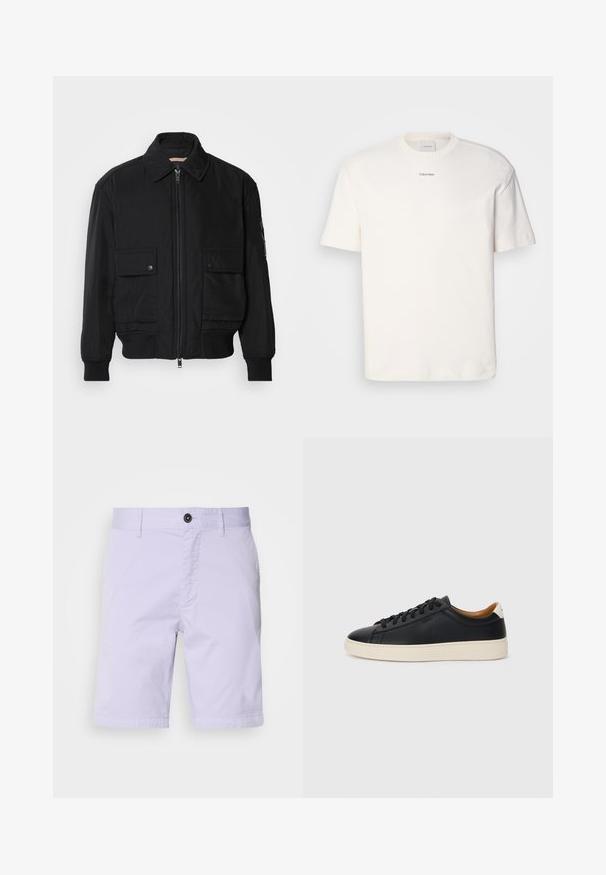 Čierna bomber bunda vyrobená z hladkej, ľahkej látky. Má zips na prednej strane, dve gombíkové vrecká na hrudi a ribbované manžety.; Biely bavlnený tričko s okrúhlym výstrihom, krátkymi rukávmi a vyšívaným logom "Calvin Klein" na strede hrude. Jednoduchý dizajn.; Svetlofialové šortky z bavlneného zmesi, s plochým predným dielom, zapínaním na gombík, dvoma bočnými vreckami a rovnom lemom.; Čierne kožené tenisky s hladkou textúrou, béžová gumová podrážka, viazanie a kontrastný akcent na päte.