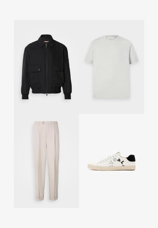 Schwarze Bomberjacke aus glattem, leichtem Stoff. Mit einem Reißverschluss vorne, zwei aufknöpfbaren Brusttaschen und gerippten Bündchen.; Hellgraues T-Shirt mit kurzen Ärmeln aus weichem Material, mit rundem Halsausschnitt und lockerer Passform, ohne sichtbare Muster oder Akzente.; Beige Hosen aus glattem Stoff, mit gerader Passform, einem Bundfalte und aufgeschlagenen Säumen. Mit einem frontalen Knopfverschluss.; Weißes Leder-Sneaker mit schwarzen Akzenten an der Ferse, das auffällige schwarze Schriftzüge an der Seite und eine Gummisohle aufweist. Minimalistisches Design.
