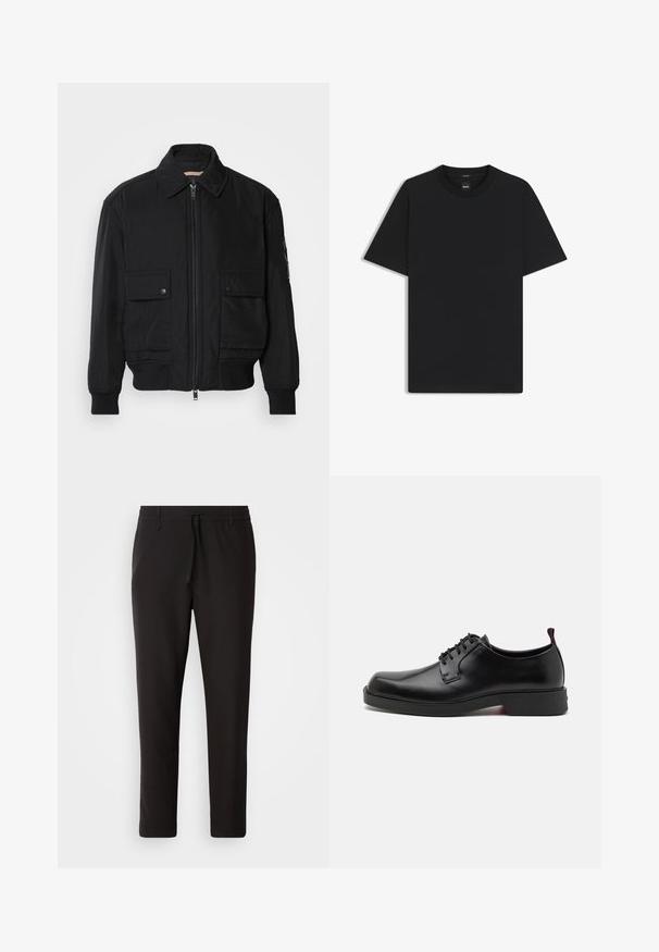 Veste bomber noire en tissu lisse et léger. Dotée d'une fermeture éclair à l'avant, de deux poches poitrines boutonnées et de poignets côtelés.; T-shirt noir à manches courtes en coton mélangé doux, avec un col rond et un design minimaliste sans motifs ni accents.; Pantalons de jogging noirs en tissu lisse. Dotés d'une taille élastique avec cordon de serrage, jambes fuselées, et sans poches visibles. Design simple.; HUGO IKER DERB - Derbies - black