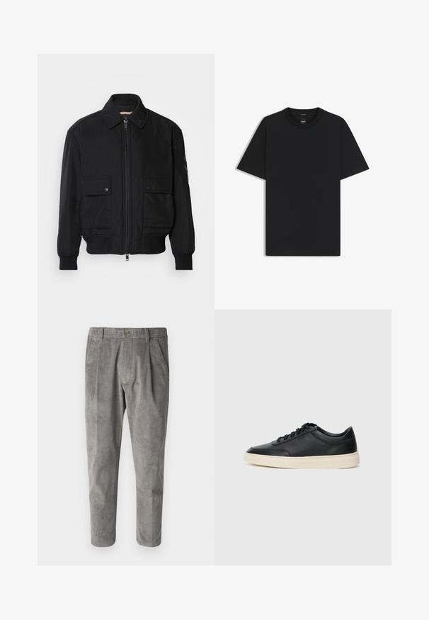 Zwarte bomberjack gemaakt van soepel, lichtgewicht materiaal. Voorzien van een ritssluiting aan de voorkant, twee knoopsluitingen op de borstzakken en geribbelde manchetten.; Zwarte korte mouwen T-shirt van een gladde katoenmix, met een ronde halslijn en een minimalistisch ontwerp zonder patronen of accenten.; Grijze corduroy broek met een gestructureerd verticaal streeppatroon, voorzien van een knoopsluiting en twee zijzakken. Tailored fit en cropped lengte.; Zwarte leren sneaker met lage schacht, zwarte veters en off-white zool, weergegeven in zijprofiel op een witte achtergrond.