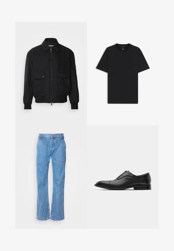Schwarze Bomberjacke aus glattem, leichtem Stoff. Mit einem Reißverschluss vorne, zwei aufknöpfbaren Brusttaschen und gerippten Bündchen.; Schwarz T-Shirt mit kurzen Ärmeln aus einem glatten Baumwollmix, mit Rundhalsausschnitt und einem minimalistischen Design ohne Muster oder Akzente.; Hellblaue Jeans aus Denim mit einem lockeren Schnitt, ausgestattet mit zwei vorderen Taschen, einem Knopfverschluss und sichtbaren Nähten.; Schwarze Leder-Dress-Schuhe mit glatter Textur, runder Zehenform und fünf Ösen. Sie verfügen über einen niedrigen, gestapelten Absatz und dezente Nahtdetails.