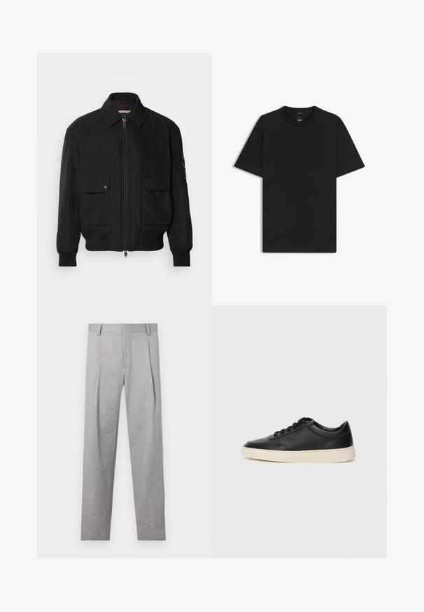 Chaqueta bomber negra de tejido suave y ligero. Cuenta con cierre de cremallera en la parte delantera, dos bolsillos en el pecho con botón y puños acanalados.; Camiseta negra de manga corta fabricada con una suave mezcla de algodón, que presenta un cuello redondo y un diseño minimalista sin patrones ni acentos.; Pantalones grises ajustados con una tela texturizada, que presentan pliegues, un corte recto y un diseño clásico de cinturilla.; Zapatilla negra de piel de caña baja con cordones negros y suela color crema, mostrada en perfil lateral sobre fondo blanco.