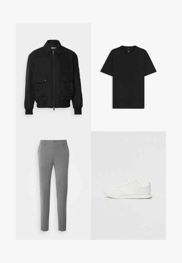 Musta pommijakku, joka on valmistettu sileästä, kevyestä kankaasta. Varusteena vetoketjukiinnitys, kaksi napillista rintataskua ja ribbattu hihansuu.; Musta lyhythiha T-paita, joka on valmistettu sileästä puuvillasekoitteesta. Paita on varustettu pyöreällä pääntiehen ja siinä on minimaalinen muotoilu ilman kuvioita tai yksityiskohtia.; Harmaat housut, jotka on valmistettu teksturoidusta kankaasta, ja niissä on klassinen muotoilu, nappisuljenta ja suora lahje.; Valkoiset tennarit, joissa on verkkokankainen ja synteettinen yläosa, pyöreä kärki, litteät nauhat sekä teksturoitu sivuviiru. Kumipohja ja vetoketju takana.
