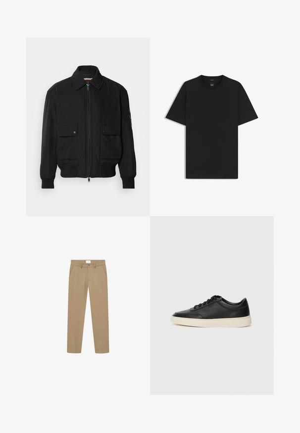 Zwarte bomberjack gemaakt van soepel, lichtgewicht materiaal. Voorzien van een ritssluiting aan de voorkant, twee knoopsluitingen op de borstzakken en geribbelde manchetten.; Zwarte korte mouwen T-shirt van een gladde katoenmix, met een ronde halslijn en een minimalistisch ontwerp zonder patronen of accenten.; Beige broek met een gladde textuur, rechte pijpdesign, voorzakken en een knoopsluiting. Label zichtbaar bij de taille.; Zwarte leren sneaker met lage schacht, zwarte veters en off-white zool, weergegeven in zijprofiel op een witte achtergrond.