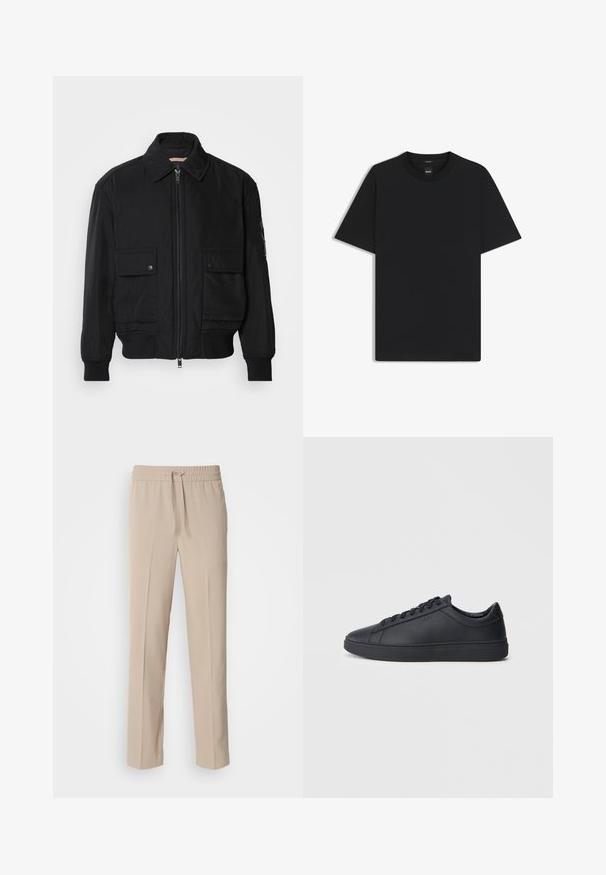 Zwarte bomberjack gemaakt van soepel, lichtgewicht materiaal. Voorzien van een ritssluiting aan de voorkant, twee knoopsluitingen op de borstzakken en geribbelde manchetten.; Zwarte korte mouwen T-shirt van een gladde katoenmix, met een ronde halslijn en een minimalistisch ontwerp zonder patronen of accenten.; Beige, relaxte broek gemaakt van zachte stof, met een elastische tailleband met een trekkoord en rechte pijpen met minimale accenten.; Zwarte sneakers van glad leer met een lage schacht, ronde neus en platte rubberen zool. Voorzien van veters en subtiele branding.