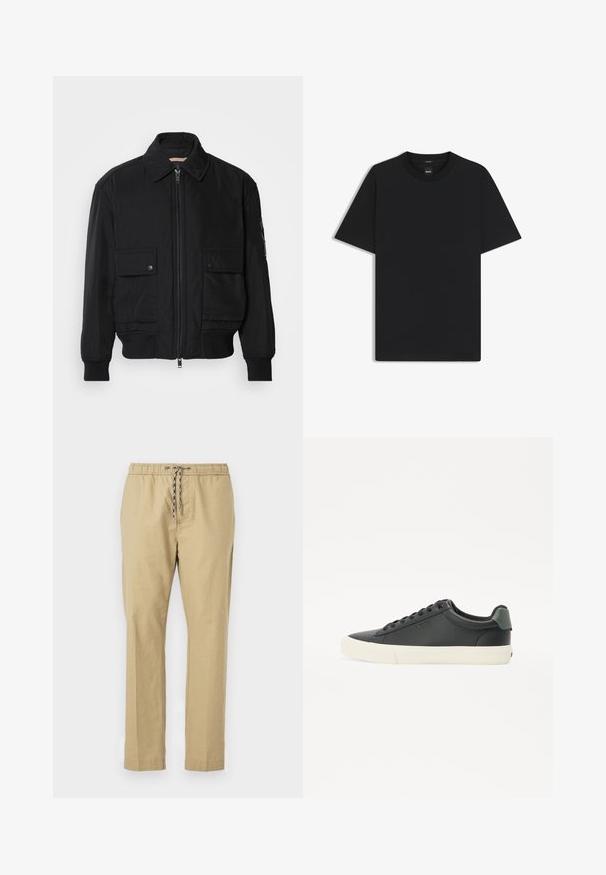 Musta pommijakku, joka on valmistettu sileästä, kevyestä kankaasta. Varusteena vetoketjukiinnitys, kaksi napillista rintataskua ja ribbattu hihansuu.; Musta lyhythiha T-paita, joka on valmistettu sileästä puuvillasekoitteesta. Paita on varustettu pyöreällä pääntiehen ja siinä on minimaalinen muotoilu ilman kuvioita tai yksityiskohtia.; Valkoiset housut, joissa on joustava vyötärönauha, säädettävä nyöri, suorat lahkeet ja kevyt kangas.; Mustat nahkaiset tennarit, joissa on teksturoitu pinta, valkoinen kumipohja, pyöreä kärki ja vihreä yksityiskohta kantapäässä. Kuusi nauhakujaa.