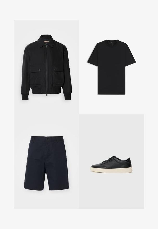 Schwarze Bomberjacke aus glattem, leichtem Stoff. Mit einem Reißverschluss vorne, zwei aufknöpfbaren Brusttaschen und gerippten Bündchen.; Schwarz T-Shirt mit kurzen Ärmeln aus einem glatten Baumwollmix, mit Rundhalsausschnitt und einem minimalistischen Design ohne Muster oder Akzente.; Schwarze Baumwollshorts mit flachem Bund, seitlichen Taschen, Knopfverschluss und geradem Beinverlauf. Keine sichtbaren Muster oder Akzenten.; Schwarzer niedriger Ledersneaker mit schwarzen Schnürsenkeln und cremefarbenem Sohlenrand, seitlich auf weißem Hintergrund dargestellt.