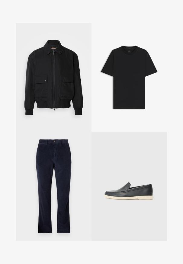 Chaqueta bomber negra de tejido suave y ligero. Cuenta con cierre de cremallera en la parte delantera, dos bolsillos en el pecho con botón y puños acanalados.; Camiseta negra de manga corta fabricada con una suave mezcla de algodón, que presenta un cuello redondo y un diseño minimalista sin patrones ni acentos.; Pantalones de pana en color navy con un diseño de pierna recta, que cuentan con cierre de botón, trabillas para cinturón y tela ribeteada texturizada.; Mocasines de piel negra sin cordones con un acabado texturizado y una suela de goma beige en contraste. Presentan un sutil acento en la parte frontal.