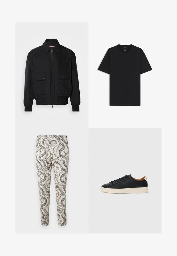 Schwarze Bomberjacke aus glattem, leichtem Stoff. Mit einem Reißverschluss vorne, zwei aufknöpfbaren Brusttaschen und gerippten Bündchen.; Schwarz T-Shirt mit kurzen Ärmeln aus einem glatten Baumwollmix, mit Rundhalsausschnitt und einem minimalistischen Design ohne Muster oder Akzente.; Gemusterte Hose mit einem Schlangendesign in Schwarz und Grau auf einem hellen Beigeton, mit Knopfverschluss und schmaler Passform.; Schwarze Ledersneaker mit glatter Textur, beiger Gummisohle, Schnürdesign und einem kontrastierenden Fersenakzent.