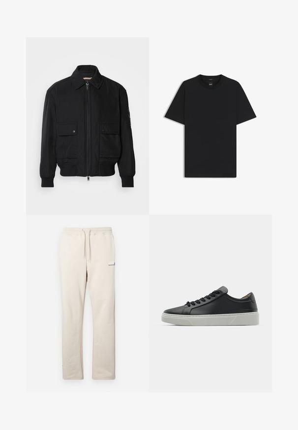 Schwarze Bomberjacke aus glattem, leichtem Stoff. Mit einem Reißverschluss vorne, zwei aufknöpfbaren Brusttaschen und gerippten Bündchen.; Schwarz T-Shirt mit kurzen Ärmeln aus einem glatten Baumwollmix, mit Rundhalsausschnitt und einem minimalistischen Design ohne Muster oder Akzente.; Beige Sweatpants aus weichem Material mit elastischem Bund und Kordelzug, geraden Beinen und kleinem blauen Logo-Detail.; Schwarze Ledersneaker mit glatter Textur, runder Zehenform und schwarzen Schnürsenkeln. Verfügt über eine dicke, weiße Gummisohle mit subtilen geometrischen Akzenten.