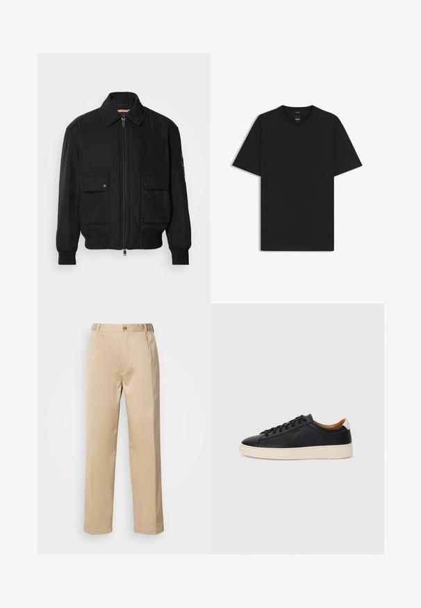 Giacca bomber nera realizzata in tessuto morbido e leggero. Caratterizzata da una chiusura con zip frontale, due tasche sul petto con bottone e polsini a costine.; Maglietta nera a maniche corte realizzata in un morbido misto cotone, con scollatura a girocollo e un design minimalista senza motivi o dettagli.; Pantaloni beige realizzati in tessuto leggero, con un design a gamba dritta, vita con passanti per cintura e chiusura con un singolo bottone frontale.; Sneakers in pelle nera con una texture liscia, suola in gomma beige, design con lacci e un accento del tacco in contrasto.