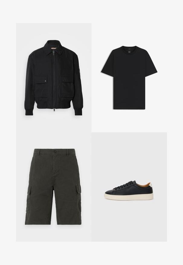 Zwarte bomberjack gemaakt van soepel, lichtgewicht materiaal. Voorzien van een ritssluiting aan de voorkant, twee knoopsluitingen op de borstzakken en geribbelde manchetten.; Zwarte korte mouwen T-shirt van een gladde katoenmix, met een ronde halslijn en een minimalistisch ontwerp zonder patronen of accenten.; Donkergroene cargoshorts van een lichte stof, met twee zijzakken en een knoopsluiting bij de taille.; Zwarte leren sneakers met een gladde textuur, beige rubberen zool, vetersluiting en een contrasterende hielaccent.