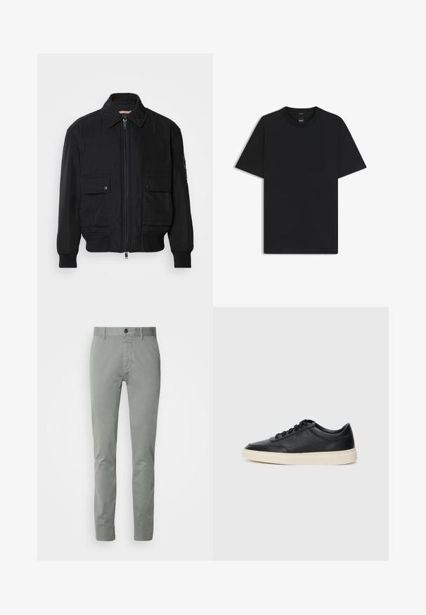 Musta pommijakku, joka on valmistettu sileästä, kevyestä kankaasta. Varusteena vetoketjukiinnitys, kaksi napillista rintataskua ja ribbattu hihansuu.; Musta lyhythiha T-paita, joka on valmistettu sileästä puuvillasekoitteesta. Paita on varustettu pyöreällä pääntiehen ja siinä on minimaalinen muotoilu ilman kuvioita tai yksityiskohtia.; Harmaat chinot, jotka on valmistettu puuvillasta ja joissa on suora lahje, napin suljenta ja sivutaskut. Luonnollinen tekstuuri ja minimaalinen muotoilu.; Musta matalavartinen nahkastretchu, jossa on mustat nauhat ja vaaleanharmaa pohja, esitetty sivuprofiilissa valkoista taustaa vasten.