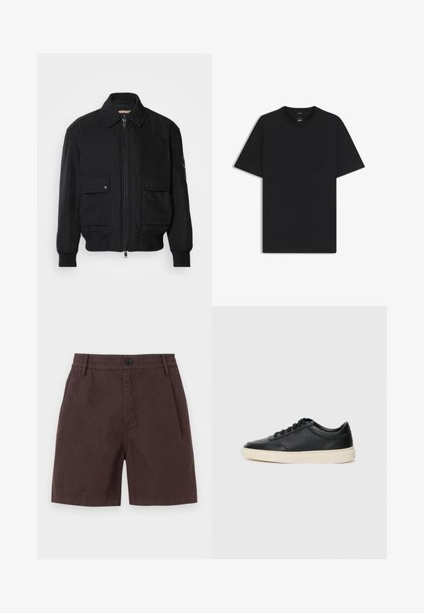 Black bomber jacket made of smooth, lightweight fabric. Features a zip front, two buttoned chest pockets, and ribbed cuffs.; Black short-sleeve T-shirt made from a smooth cotton blend, featuring a crew neckline and a minimalistic design with no patterns or accents.; Brown cotton shorts with an elastic waistband and a single button closure. Features side pockets and a smooth texture.; Black low-top leather sneaker with black laces and off-white sole shown in side profile on white background.