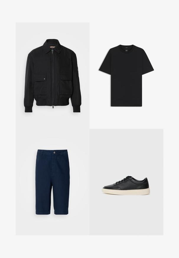 Musta pommijakku, joka on valmistettu sileästä, kevyestä kankaasta. Varusteena vetoketjukiinnitys, kaksi napillista rintataskua ja ribbattu hihansuu.; Musta lyhythiha T-paita, joka on valmistettu sileästä puuvillasekoitteesta. Paita on varustettu pyöreällä pääntiehen ja siinä on minimaalinen muotoilu ilman kuvioita tai yksityiskohtia.; Laivansiniset shortsit puuvillakankaasta, suoralinjaiset, napilla suljettavat ja vyölenkeillä varustetut. Niissä on käännetyt helmat ja kaksi sivutaskua.; Musta matalavartinen nahkastretchu, jossa on mustat nauhat ja vaaleanharmaa pohja, esitetty sivuprofiilissa valkoista taustaa vasten.