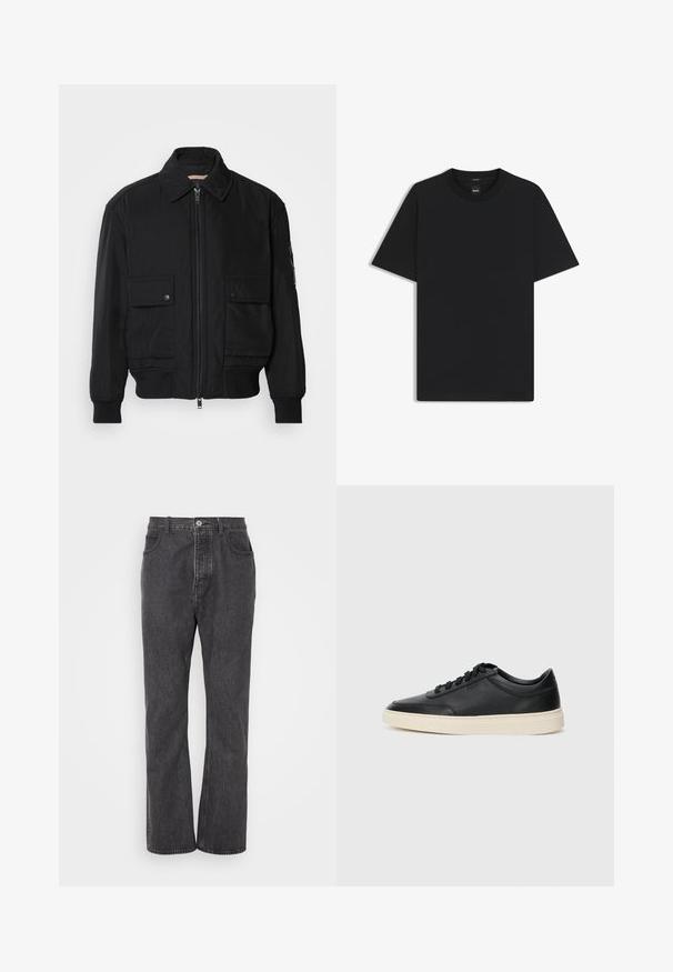 Sort bomberjakke lavet af glat, letvægtsstof. Har lynlås foran, to knap-lukkede brystlommer og ribbede manchetter.; Sort kortærmet T-shirt lavet af en glat bomuldsblanding, med en rund halsudskæring og et minimalistisk design uden mønstre eller accenter.; Sorte denim jeans med lige ben, med en frontlukning med knap, bæltestropper og subtilt slid for tekstur.; Sort lavt top lædersneaker med sorte snørebånd og off-white sål vist i sideprofil på hvid baggrund.