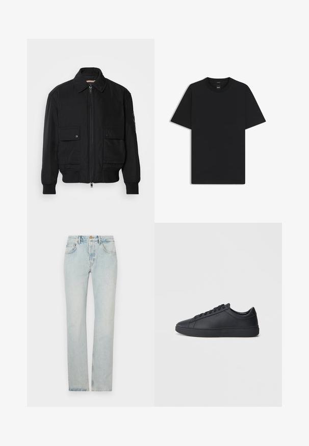Svart bomberjacka gjord av mjukt, lättviktigt tyg. Har dragkedja fram, två knappade bröstfickor och ribbade ärmslut.; Svart kortärmad T-shirt i en mjuk bomullsblandning, med rundad halsringning och en minimalistisk design utan mönster eller detaljer.; Ljust blå denimjeans med rak passform, femficksdesign och dragkedja. Tyget visar lätt blekning för en sliten look.; Svarta sneakers i slätt läder med låg design, rund tå och platt gummisula. Har snörning och subtil branding.