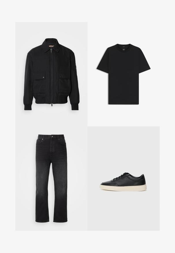 Veste bomber noire en tissu lisse et léger. Dotée d'une fermeture éclair à l'avant, de deux poches poitrines boutonnées et de poignets côtelés.; T-shirt noir à manches courtes en coton mélangé doux, avec un col rond et un design minimaliste sans motifs ni accents.; HUGO NATE - Jean baggy - dark grey; Baskets en cuir noires à tiges basses avec lacets noirs et semelle ivoire, présentées en profil latéral sur fond blanc.