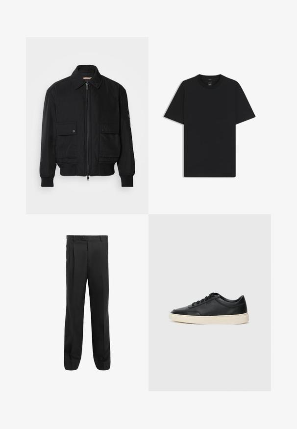 Giacca bomber nera realizzata in tessuto morbido e leggero. Caratterizzata da una chiusura con zip frontale, due tasche sul petto con bottone e polsini a costine.; Maglietta nera a maniche corte realizzata in un morbido misto cotone, con scollatura a girocollo e un design minimalista senza motivi o dettagli.; Pantaloni neri con un design a gamba dritta, caratterizzati da pieghe, chiusura con un bottone singolo e passanti per la cintura. Realizzati in un tessuto liscio.; Sneaker in pelle nera a basso profilo con lacci neri e suola avorio, mostrato di profilo su sfondo bianco.