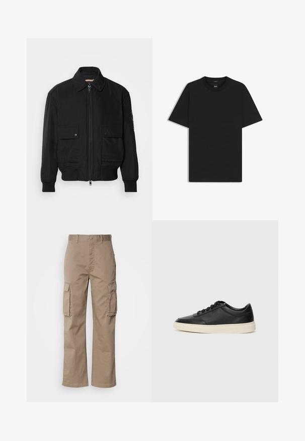 Zwarte bomberjack gemaakt van soepel, lichtgewicht materiaal. Voorzien van een ritssluiting aan de voorkant, twee knoopsluitingen op de borstzakken en geribbelde manchetten.; Zwarte korte mouwen T-shirt van een gladde katoenmix, met een ronde halslijn en een minimalistisch ontwerp zonder patronen of accenten.; Beige cargobroek van katoen, met een ontspannen fit, voorzien van twee zijzakken en een knoopsluiting bij de tailleband.; Zwarte leren sneaker met lage schacht, zwarte veters en off-white zool, weergegeven in zijprofiel op een witte achtergrond.