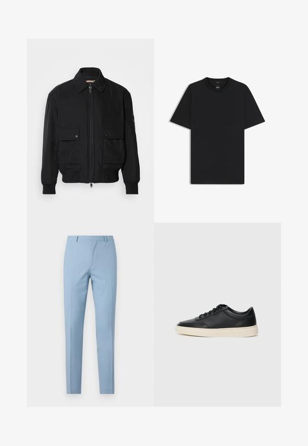 Zwarte bomberjack gemaakt van soepel, lichtgewicht materiaal. Voorzien van een ritssluiting aan de voorkant, twee knoopsluitingen op de borstzakken en geribbelde manchetten.; Zwarte korte mouwen T-shirt van een gladde katoenmix, met een ronde halslijn en een minimalistisch ontwerp zonder patronen of accenten.; Lichtblauwe op maat gemaakte broek met een slim fit, gladde textuur, kreukvrij voorpand, nauwsluitende tailleband en ceintuurlussen. Geen zichtbare zakken.; Zwarte leren sneaker met lage schacht, zwarte veters en off-white zool, weergegeven in zijprofiel op een witte achtergrond.