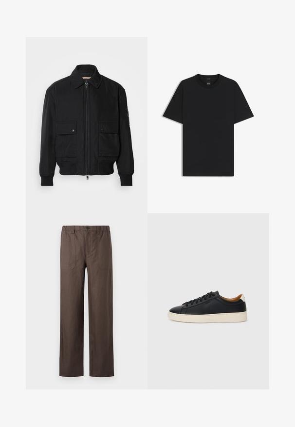 Zwarte bomberjack gemaakt van soepel, lichtgewicht materiaal. Voorzien van een ritssluiting aan de voorkant, twee knoopsluitingen op de borstzakken en geribbelde manchetten.; Zwarte korte mouwen T-shirt van een gladde katoenmix, met een ronde halslijn en een minimalistisch ontwerp zonder patronen of accenten.; Bruine, wijde broek gemaakt van een lichtgewicht stof. Heeft een elastische tailleband en twee voorzakken met rechthoekige stikaccenten.; Zwarte leren sneakers met een gladde textuur, beige rubberen zool, vetersluiting en een contrasterende hielaccent.