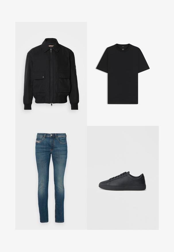 Musta pommijakku, joka on valmistettu sileästä, kevyestä kankaasta. Varusteena vetoketjukiinnitys, kaksi napillista rintataskua ja ribbattu hihansuu.; Musta lyhythiha T-paita, joka on valmistettu sileästä puuvillasekoitteesta. Paita on varustettu pyöreällä pääntiehen ja siinä on minimaalinen muotoilu ilman kuvioita tai yksityiskohtia.; Siniset farkut, joissa on kapea malli, napp closure, klassinen viisi-taskun malli ja hieno haalistuminen lahkeilla kuluneen ulkonäön saamiseksi.; Mustat lenkkarit, jotka on valmistettu sileästä nahasta, matalalla varrella, pyöreällä varvalla ja tasaisella kumipohjalla. Varusteena nauhat ja huomaamaton brändäys.