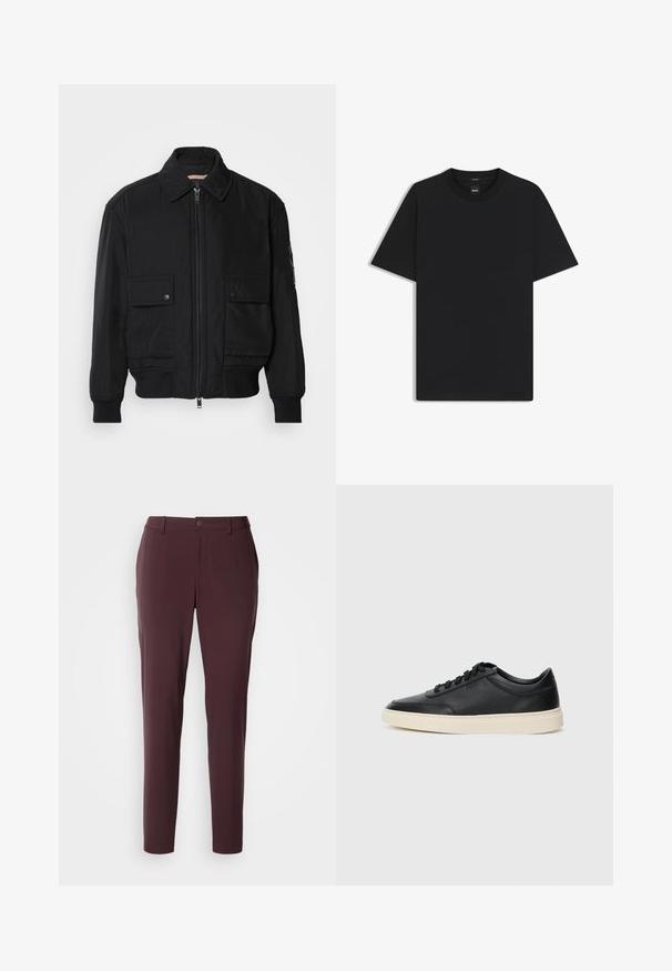 Giacca bomber nera realizzata in tessuto morbido e leggero. Caratterizzata da una chiusura con zip frontale, due tasche sul petto con bottone e polsini a costine.; Maglietta nera a maniche corte realizzata in un morbido misto cotone, con scollatura a girocollo e un design minimalista senza motivi o dettagli.; Pantaloni bordeaux con una vestibilità slim, dotati di chiusura con bottone, passanti per cintura e una texture di stoffa liscia, adatti per outfit casual o formali.; Sneaker in pelle nera a basso profilo con lacci neri e suola avorio, mostrato di profilo su sfondo bianco.