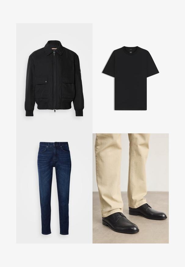 Czarna kurtka bombowiec wykonana z gładkiego, lekkiego materiału. Posiada zamek błyskawiczny z przodu, dwie kieszenie na piersi zapinane na guziki oraz ściągacze przy mankietach.; Czarny t-shirt krótki rękaw wykonany z gładkiej mieszanki bawełny, z okrągłym dekoltem i minimalistycznym designem bez wzorów czy akcentów.; Ciemnoniebieskie dżinsy z prostą nogawką, z kieszeniami i zapięciem na guzik w talii. Miękka faktura, minimalne ślady blaknięcia.; Czarne skórzane buty na sznurówki z zaokrąglonym czubkiem, gładkim wykończeniem i subtelnymi detalami szycia, noszone z jasnobeżowymi spodniami.
