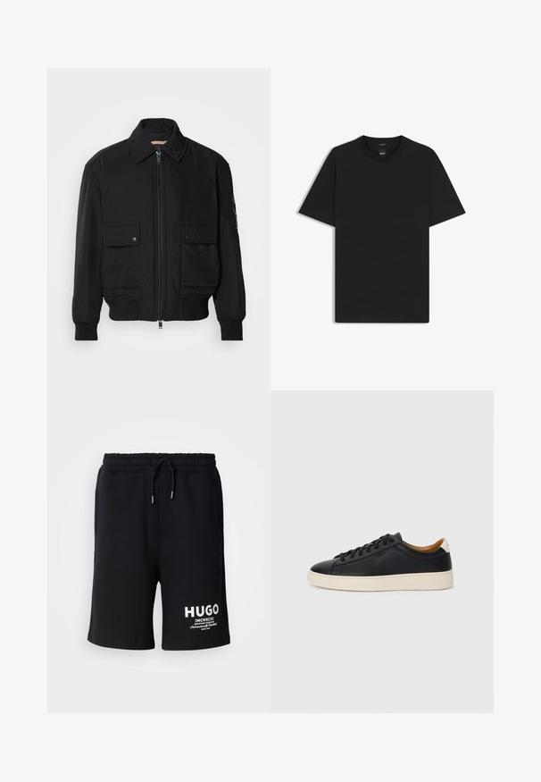 Veste bomber noire en tissu lisse et léger. Dotée d'une fermeture éclair à l'avant, de deux poches poitrines boutonnées et de poignets côtelés.; T-shirt noir à manches courtes en coton mélangé doux, avec un col rond et un design minimaliste sans motifs ni accents.; Shorts en coton noir avec une taille élastique et un cordon de serrage. Logo "HUGO" blanc sur la jambe gauche. Design simple, coupe à hauteur du genou.; Baskets en cuir noir avec une texture lisse, semelle en caoutchouc beige, design à lacets et accent de talon contrasté.