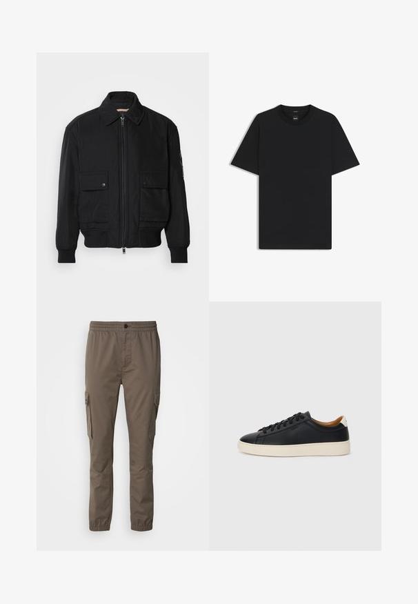 Chaqueta bomber negra de tejido suave y ligero. Cuenta con cierre de cremallera en la parte delantera, dos bolsillos en el pecho con botón y puños acanalados.; Camiseta negra de manga corta fabricada con una suave mezcla de algodón, que presenta un cuello redondo y un diseño minimalista sin patrones ni acentos.; Pantalones cargo de un color marrón apagado, con cintura elástica, bolsillos laterales y una textura suave. Diseño ligero y casual.; Zapatillas negras de cuero con una textura suave, suela de goma beige, diseño de cordones y un acento en el talón de color contrastante.