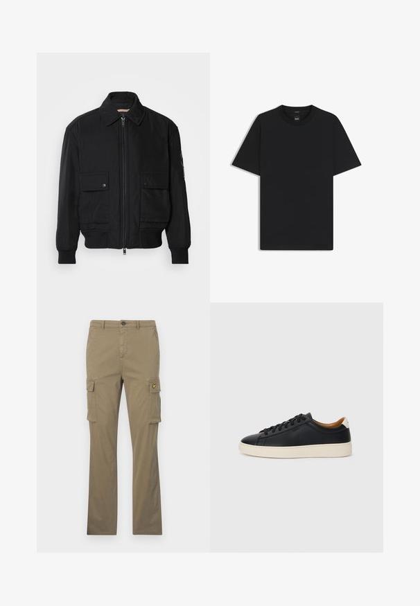 Schwarze Bomberjacke aus glattem, leichtem Stoff. Mit einem Reißverschluss vorne, zwei aufknöpfbaren Brusttaschen und gerippten Bündchen.; Schwarz T-Shirt mit kurzen Ärmeln aus einem glatten Baumwollmix, mit Rundhalsausschnitt und einem minimalistischen Design ohne Muster oder Akzente.; Khakifarbene Cargo-Hosen aus Baumwolle mit geraden Beinen, zwei Seitentaschen und einem kleinen gelben Logo-Patch auf der linken Tasche.; Schwarze Ledersneaker mit glatter Textur, beiger Gummisohle, Schnürdesign und einem kontrastierenden Fersenakzent.