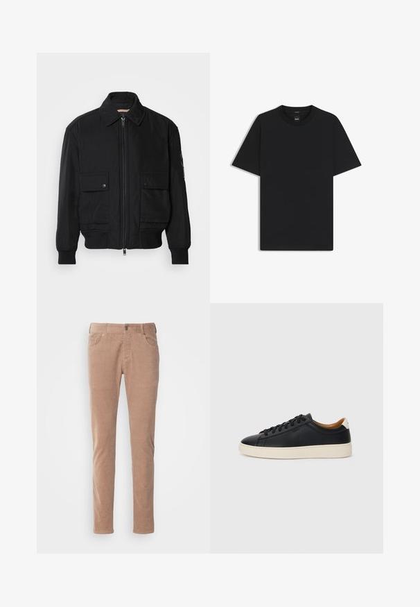 Veste bomber noire en tissu lisse et léger. Dotée d'une fermeture éclair à l'avant, de deux poches poitrines boutonnées et de poignets côtelés.; T-shirt noir à manches courtes en coton mélangé doux, avec un col rond et un design minimaliste sans motifs ni accents.; Pantalon en velours côtelé marron clair avec une coupe droite, featuring deux poches avant, une fermeture à bouton et une texture côtelée douce.; Baskets en cuir noir avec une texture lisse, semelle en caoutchouc beige, design à lacets et accent de talon contrasté.