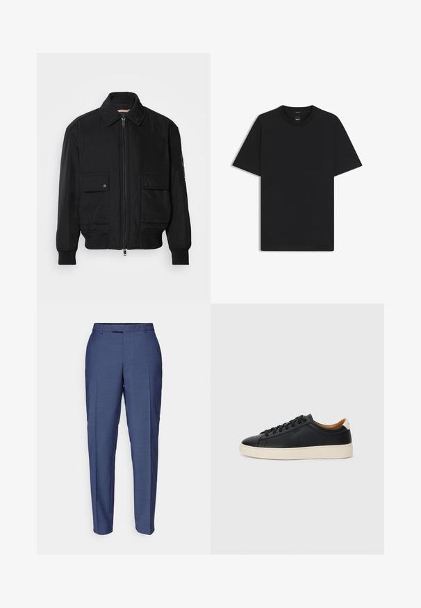 Zwarte bomberjack gemaakt van soepel, lichtgewicht materiaal. Voorzien van een ritssluiting aan de voorkant, twee knoopsluitingen op de borstzakken en geribbelde manchetten.; Zwarte korte mouwen T-shirt van een gladde katoenmix, met een ronde halslijn en een minimalistisch ontwerp zonder patronen of accenten.; Blauwe op maat gemaakte broeken van een gestructureerde stof. Bevat een vlakke voorkant, riemlussen en een slank ontwerp met taps toelopende benen.; Zwarte leren sneakers met een gladde textuur, beige rubberen zool, vetersluiting en een contrasterende hielaccent.