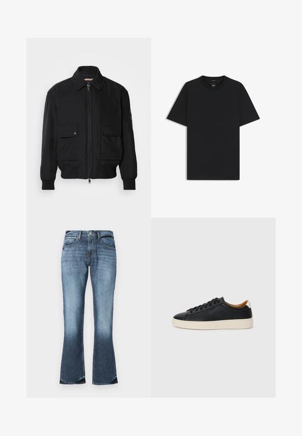 Musta pommijakku, joka on valmistettu sileästä, kevyestä kankaasta. Varusteena vetoketjukiinnitys, kaksi napillista rintataskua ja ribbattu hihansuu.; Musta lyhythiha T-paita, joka on valmistettu sileästä puuvillasekoitteesta. Paita on varustettu pyöreällä pääntiehen ja siinä on minimaalinen muotoilu ilman kuvioita tai yksityiskohtia.; Siniset farkut, joissa on leveät lahkeet, keski-korkea vyötärö, viisi taskua ja hieno haalistuminen kuluneen ilmeen saavuttamiseksi. Pintakosketus on sileä läpi.; Mustat nahkasneakerit, joissa on sileä pinta, beige kumipohja, nauhakiinnitys ja erottuva kanta-aksentti.