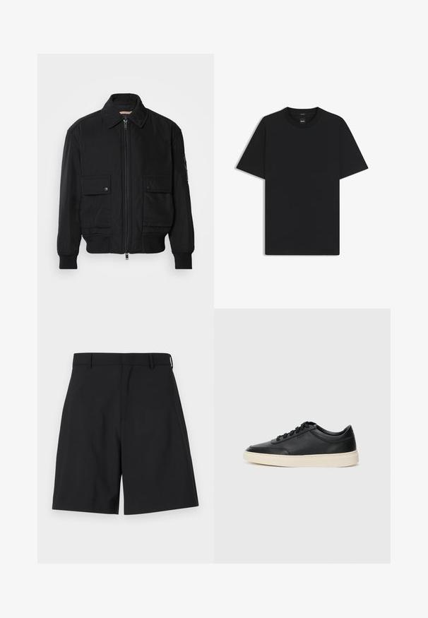 Musta pommijakku, joka on valmistettu sileästä, kevyestä kankaasta. Varusteena vetoketjukiinnitys, kaksi napillista rintataskua ja ribbattu hihansuu.; Musta lyhythiha T-paita, joka on valmistettu sileästä puuvillasekoitteesta. Paita on varustettu pyöreällä pääntiehen ja siinä on minimaalinen muotoilu ilman kuvioita tai yksityiskohtia.; Mustat shortsit, jotka on valmistettu sileästä kankaasta ja joissa on räätälöity muotoilu, litteä etuosa, kaksi sivutaskua ja normaali vyötärö.; Musta matalavartinen nahkastretchu, jossa on mustat nauhat ja vaaleanharmaa pohja, esitetty sivuprofiilissa valkoista taustaa vasten.