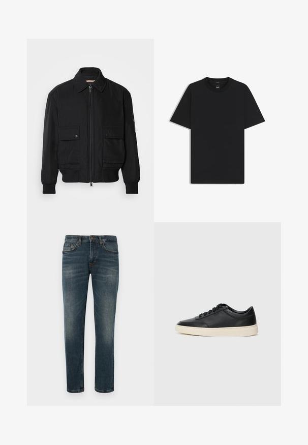 Musta pommijakku, joka on valmistettu sileästä, kevyestä kankaasta. Varusteena vetoketjukiinnitys, kaksi napillista rintataskua ja ribbattu hihansuu.; Musta lyhythiha T-paita, joka on valmistettu sileästä puuvillasekoitteesta. Paita on varustettu pyöreällä pääntiehen ja siinä on minimaalinen muotoilu ilman kuvioita tai yksityiskohtia.; Tummansinisiä farkkuja, joissa on suora istuvuus, viisi taskua ja hienovaraisia haalistumisia. Klassinen nappi- ja vetoketjukiinnitys.; Musta matalavartinen nahkastretchu, jossa on mustat nauhat ja vaaleanharmaa pohja, esitetty sivuprofiilissa valkoista taustaa vasten.