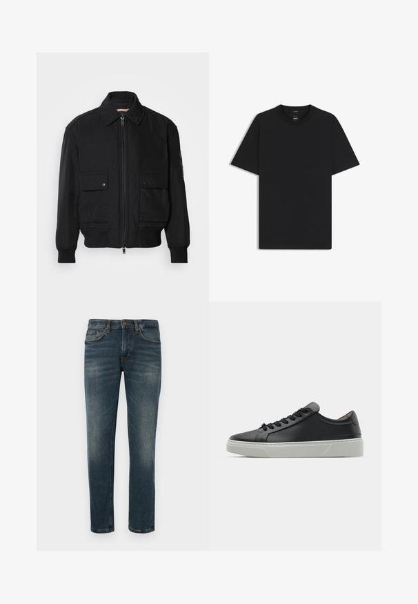 Svart bomberjacka gjord av mjukt, lättviktigt tyg. Har dragkedja fram, två knappade bröstfickor och ribbade ärmslut.; Svart kortärmad T-shirt i en mjuk bomullsblandning, med rundad halsringning och en minimalistisk design utan mönster eller detaljer.; Mörkblå denimjeans med rak passform, fem fickor och subtila blekningsdetaljer. Klassisk knapp- och dragkedjestängning.; Svart lädersneaker med en slät yta, rund tå och svarta skosnören. Har en tjock, vit gummisula med subtila geometriska accenter.