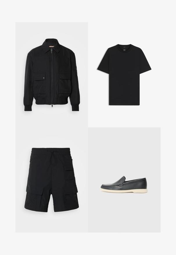 Veste bomber noire en tissu lisse et léger. Dotée d'une fermeture éclair à l'avant, de deux poches poitrines boutonnées et de poignets côtelés.; T-shirt noir à manches courtes en coton mélangé doux, avec un col rond et un design minimaliste sans motifs ni accents.; Shorts cargo noirs en tissu léger avec une taille élastique et un cordon de serrage. Comprend plusieurs poches latérales pour le rangement.; Mocassins noirs en cuir à enfiler avec une finition texturée et une semelle en caoutchouc beige contrastante. Présente un accent subtil sur le devant.