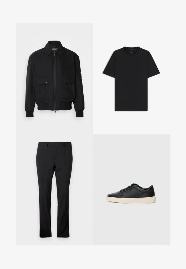 Svart bomberjacka gjord av mjukt, lättviktigt tyg. Har dragkedja fram, två knappade bröstfickor och ribbade ärmslut.; Svart kortärmad T-shirt i en mjuk bomullsblandning, med rundad halsringning och en minimalistisk design utan mönster eller detaljer.; Svarta skräddarsydda byxor med bältesöglor, frontveck och rak silhuett på en enfärgad vit bakgrund.; Svart låg skor i läder med svarta snören och off-white sula, visas i sidoprofil på vit bakgrund.