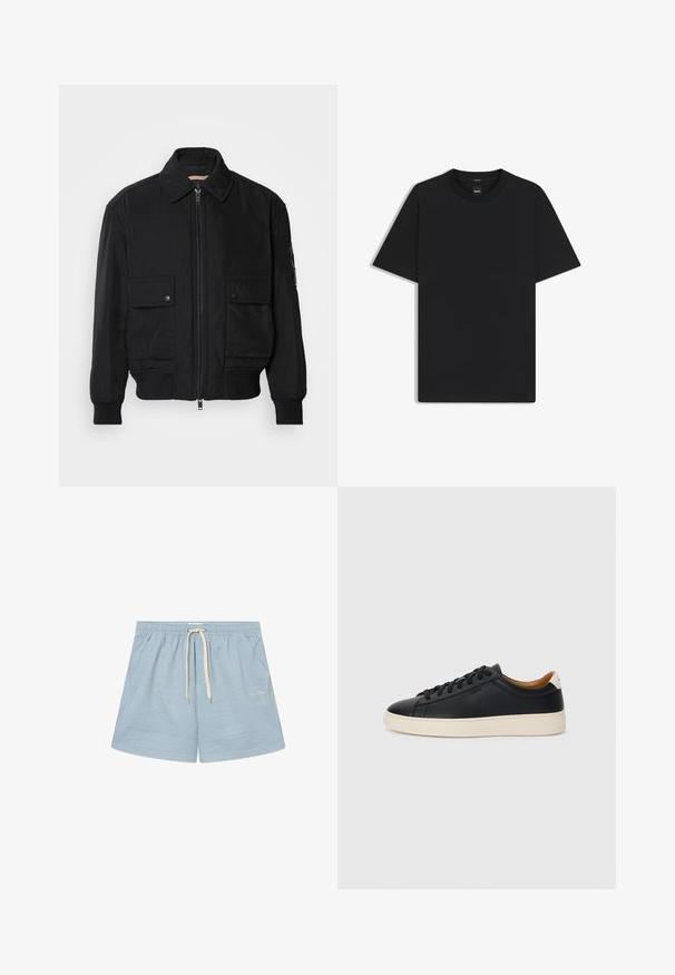 Black bomber jacket made of smooth, lightweight fabric. Features a zip front, two buttoned chest pockets, and ribbed cuffs.; Black short-sleeve T-shirt made from a smooth cotton blend, featuring a crew neckline and a minimalistic design with no patterns or accents.; Striped blue swim shorts with an elastic waistband and white drawstring. Features light fabric and a subtle logo on the lower left.; Black leather sneakers with a smooth texture, beige rubber sole, lace-up design, and a contrasting heel accent.