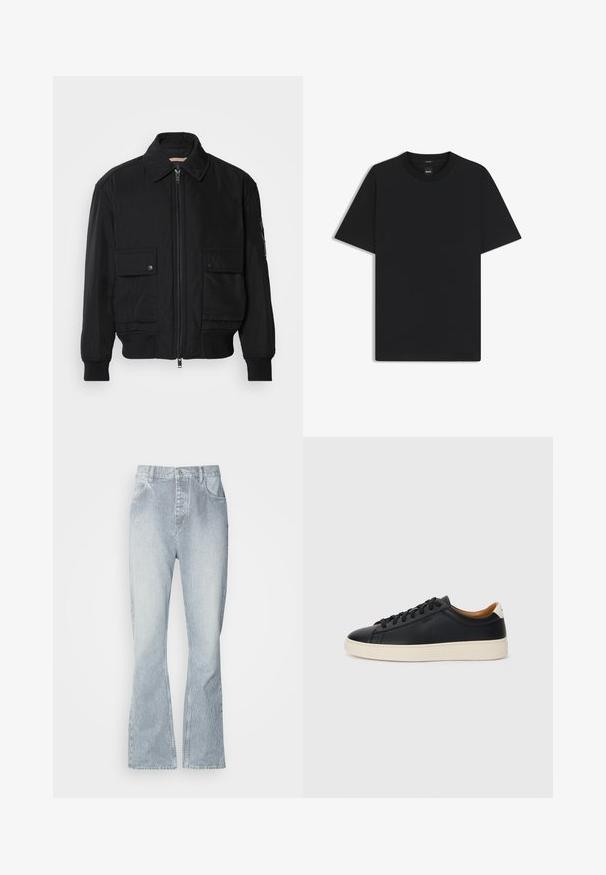 Chaqueta bomber negra de tejido suave y ligero. Cuenta con cierre de cremallera en la parte delantera, dos bolsillos en el pecho con botón y puños acanalados.; Camiseta negra de manga corta fabricada con una suave mezcla de algodón, que presenta un cuello redondo y un diseño minimalista sin patrones ni acentos.; Jeans a rayas azul claro con un corte de pierna ancha, que presentan un cierre de botón, bolsillos frontales y un ligero desgaste en el dobladillo.; Zapatillas negras de cuero con una textura suave, suela de goma beige, diseño de cordones y un acento en el talón de color contrastante.
