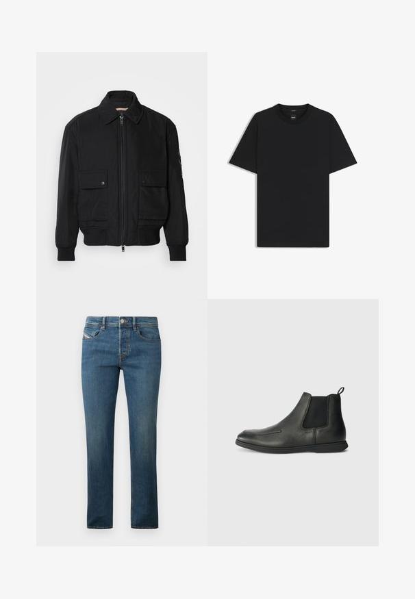 Svart bomberjacka gjord av mjukt, lättviktigt tyg. Har dragkedja fram, två knappade bröstfickor och ribbade ärmslut.; Svart kortärmad T-shirt i en mjuk bomullsblandning, med rundad halsringning och en minimalistisk design utan mönster eller detaljer.; Mörkblå denimjeans med rak bendesign, femficksstil och subtila blekningar. Har en metallknapp och bältesöglor.; Svarta läderankelstövlar med en slät yta, elastiska sidopaneler och en dragflik bak. Rundad tå och gummisula.