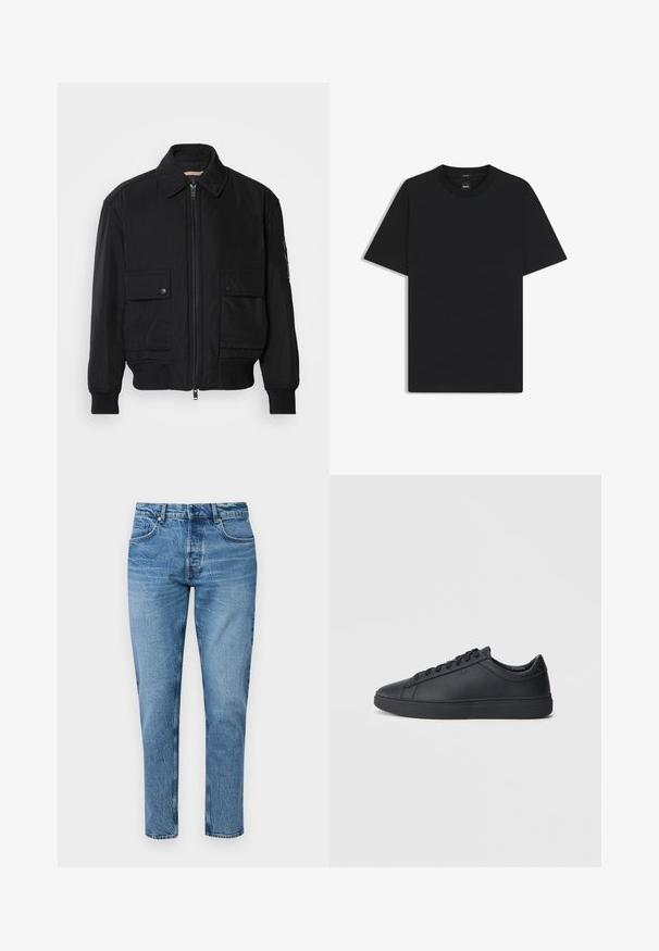Svart bomberjacka gjord av mjukt, lättviktigt tyg. Har dragkedja fram, två knappade bröstfickor och ribbade ärmslut.; Svart kortärmad T-shirt i en mjuk bomullsblandning, med rundad halsringning och en minimalistisk design utan mönster eller detaljer.; Ljust blå denimjeans med avslappnad passform, raka ben, fem-fickorsdesign och lätt blekningsmönster. Har knäppning och dragkedja.; Svarta sneakers i slätt läder med låg design, rund tå och platt gummisula. Har snörning och subtil branding.