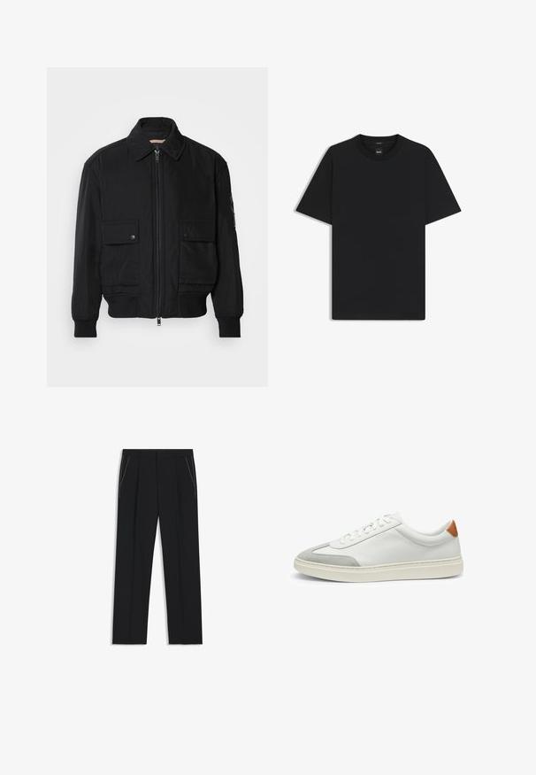 Sort bomberjakke lavet af glat, letvægtsstof. Har lynlås foran, to knap-lukkede brystlommer og ribbede manchetter.; Sort kortærmet T-shirt lavet af en glat bomuldsblanding, med en rund halsudskæring og et minimalistisk design uden mønstre eller accenter.; Sorte skræddersyede bukser med høj talje, læg og hvide stikninger på frontlommerne. Glat stof med en lige ben-design.; Hvide lædersneakers med grå ruskindsdetaljer og en tan læderhæltap. Har en struktureret overflade og en let sål.
